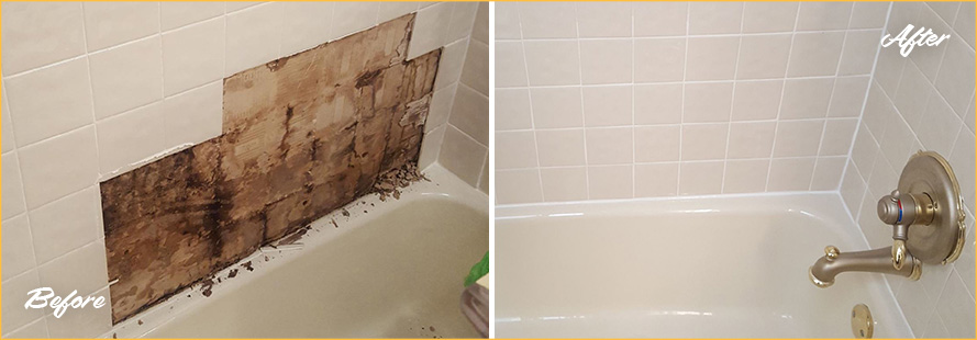 Before and After Picture of Repairing of Water Damage Behind a Tile Wall