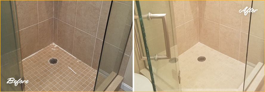 Before and After Picture of a Shower with Missing and Cracked Caulking