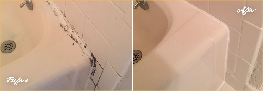 Before and After Picture of a Bathroom Sink with Damage Caulking