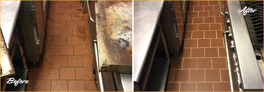 Picture of Restaurant Kitchen Quarry Tile with Embedded Grease Before and After Grout Cleaning