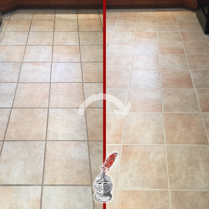 A kitchen tile floor restored with our color sealing process